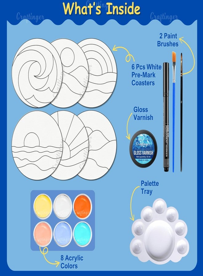 Craftinger Ocean Theme Coaster Painting Kit for Kids | DIY Art & Craft Set with 6 Pre-Marked Coasters, 8 Acrylic Colors, Brushes & Gloss Varnish | Creative Painting Gift Box for Boys & Girls, Home, Office, Activity, Coloring Tea Cup Table Birthday Kitchen - Image 2